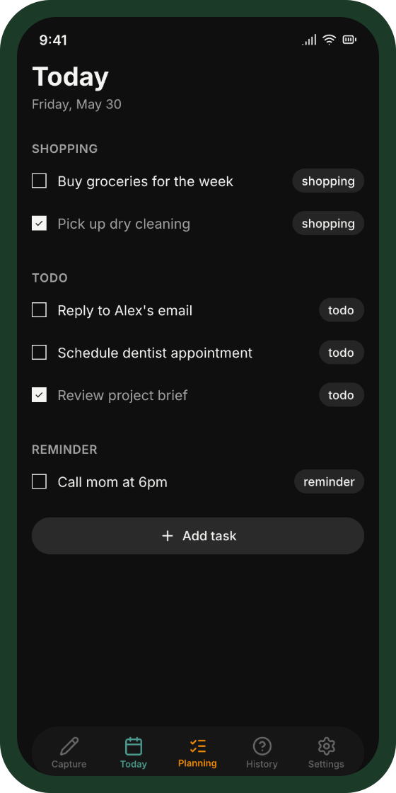 OneClickDo iPhone home screen showing today's tasks