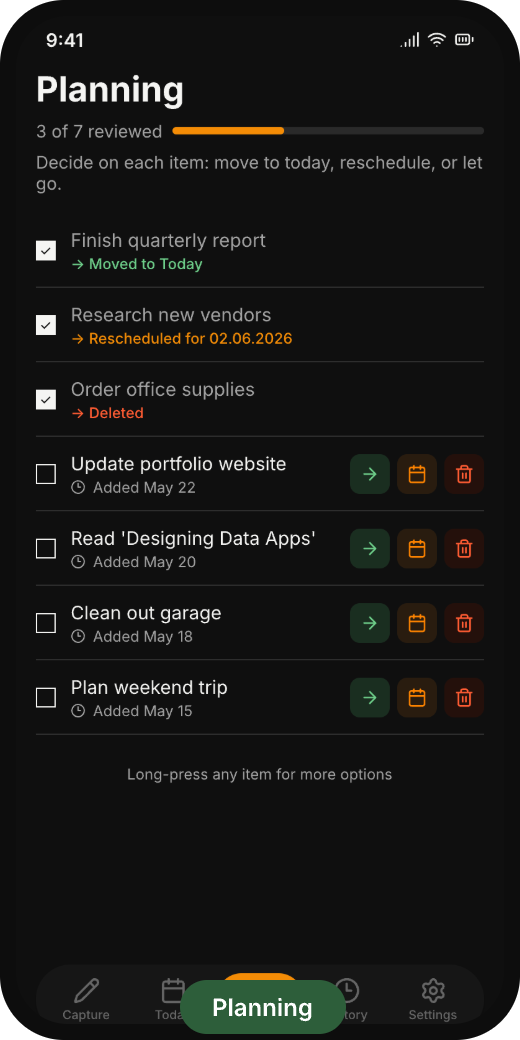 OneClickDo planning screen — triage inbox